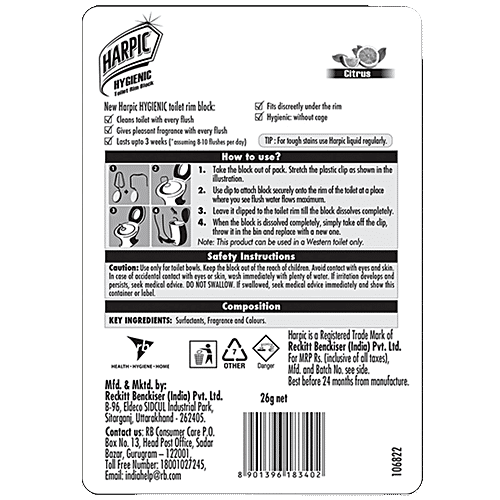 Harpic Hygienic Toilet Cleaner Rim Block, Citrus, 3x26 g Multipack 