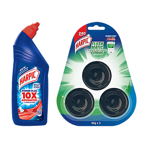 Harpic Disinfectant Toilet Cleaner, Original 1 L + Flushmatic Block, Citrus 3 x 50 g, Combo 2 Items