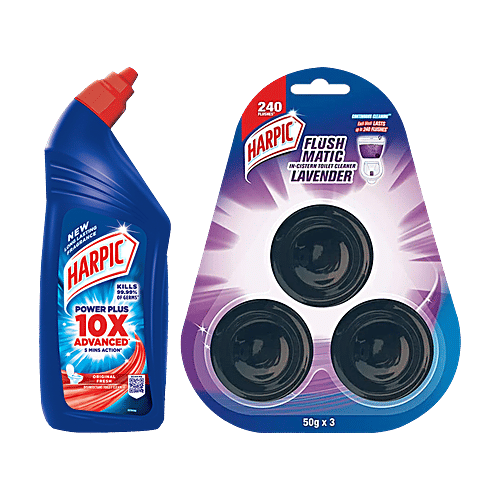 Harpic Disinfectant Toilet Cleaner, Original 1 L + Flushmatic Block, Lavender 3 x 50 g, Combo 2 Items 