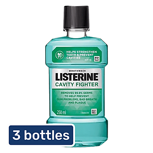Listerine Mouthwash Liquid - Cavity Fighter, Removes 99.9% Germs, 3x250 ml (Multipack)