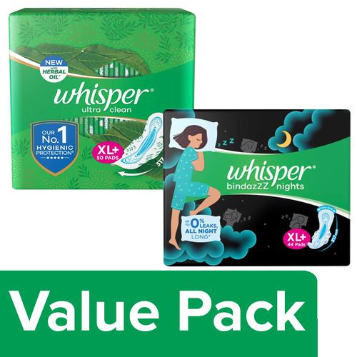 Whisper Bindazzz Nights XL+ With Wings Sanitary Pads (Free 3 Sanitary Pads)  Pack Of 27