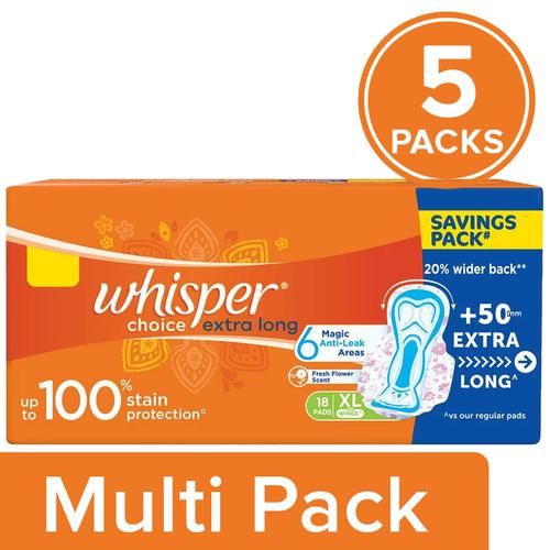 Whisper  Choice Sanitary Pad - With Wings, Provides Stain Protection, XL, 5x18 pcs (Multipack) 