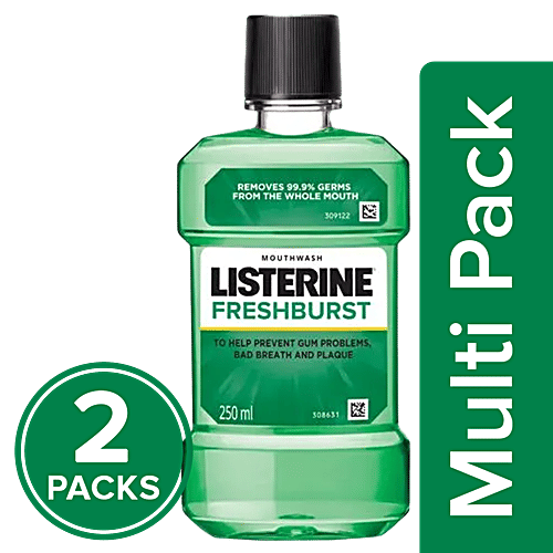 Listerine Mouthwash Liquid - Freshburst, Removes 99.9% Germs, 2x250 ml (Multipack)