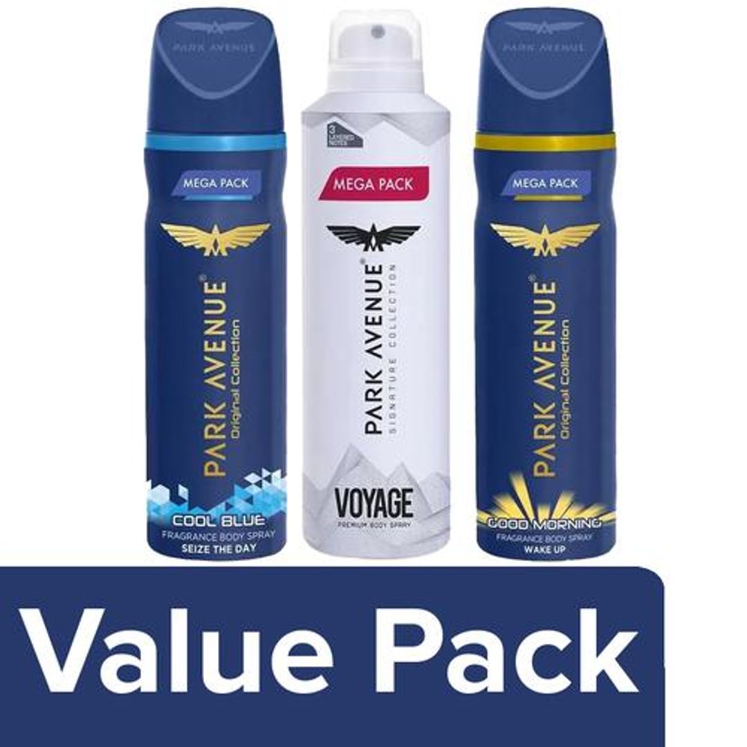 Park Avenue Body Spray - Fragrance Cool Blue 250ml+Good Morning 220ml+Perfume Voyage 220ml, Combo (3 Items)