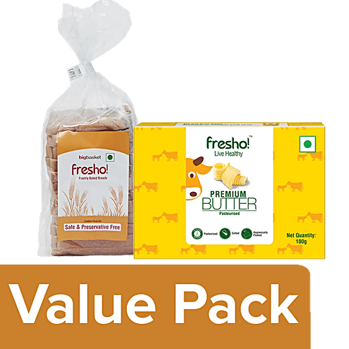 fresho! Brown Bread - Safe, Preservative Free, 200 g + Butter - Pasteurised, 100 g, Combo 2 Items
