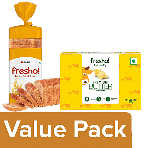 fresho! Brown Bread - Safe, Preservative Free, 400 g + Butter - Pasteurised, 100 g, Combo 2 Items