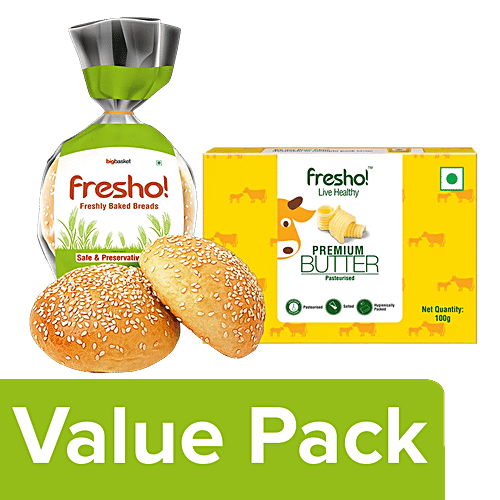 fresho! Burger Buns - Safe, Preservative Free, 150 g + Butter - Pasteurised, 100 g, Combo 2 Items