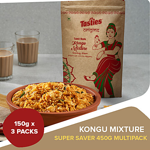 Tasties Origins Namkeen - Kongu Mixture, Authentic Coimbatore Speciality Flavours, Savoury Snack, 3x150 g (Multipack)