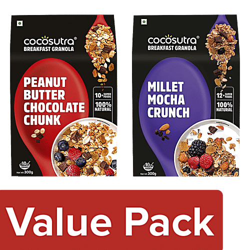 Cocosutra Granola Combo Packs - Peanut Butter Chocolate + Millet Mocha Crunch (300g each), Combo 2 Items 
