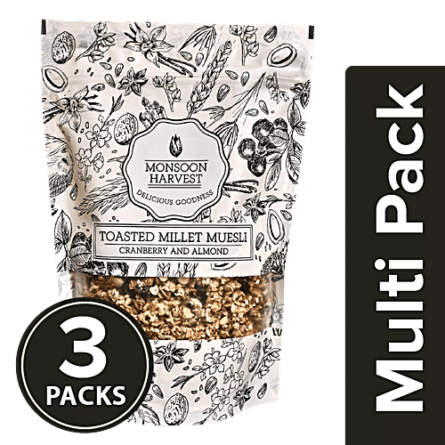 Monsoon Harvest Toasted Millet Muesli - Cranberry & Almond, 3x250 g Multipack 