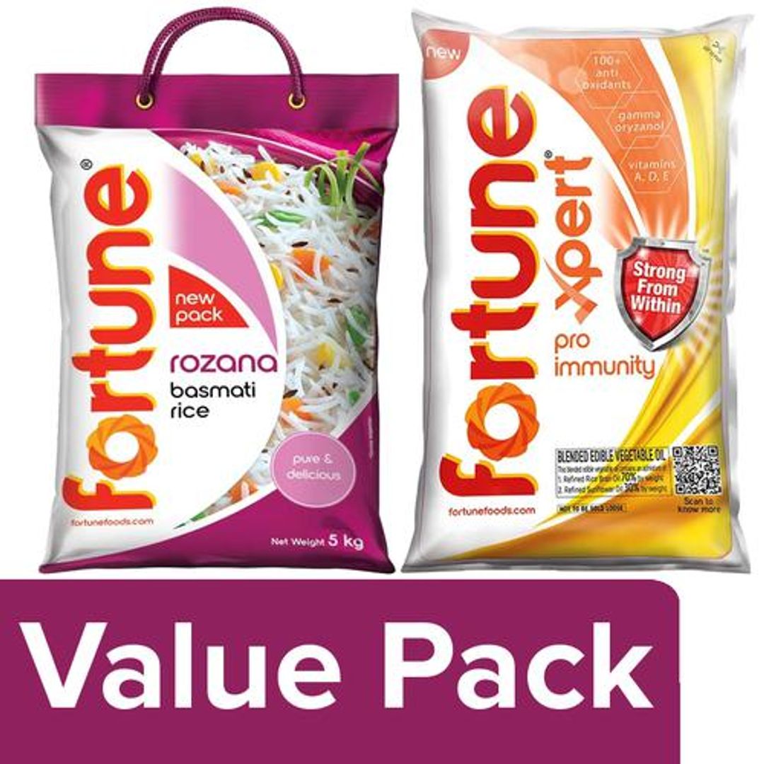 Fortune  Fortune Rozana Basmati Rice 5 kg Pouch + Fortune Xpert Pro Immunity 1 L Pouch, Combo 2 Items