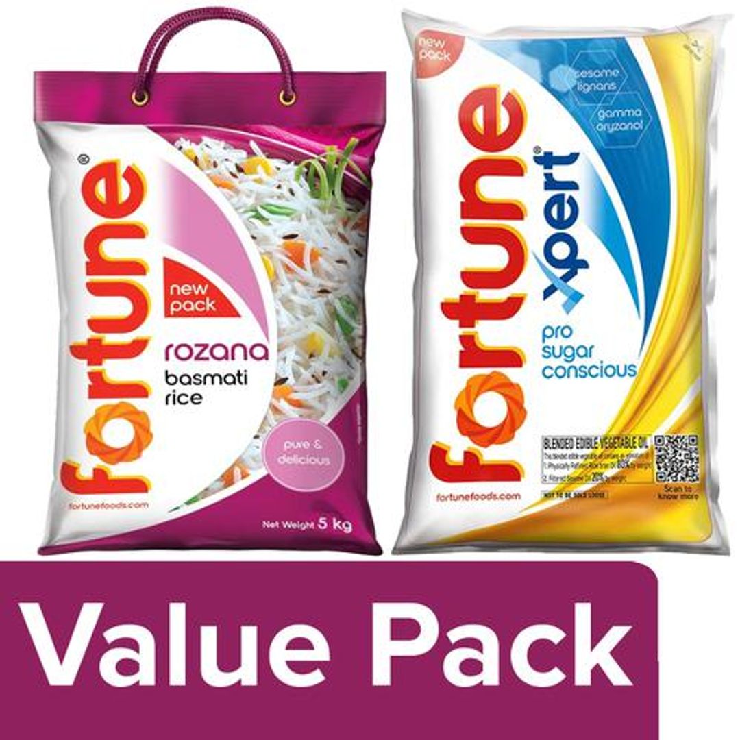Fortune  Fortune Rozana Basmati Rice 5 kg + Xpert Pro Sugar Conscious Edible Oil 1 L, Combo 2 Items