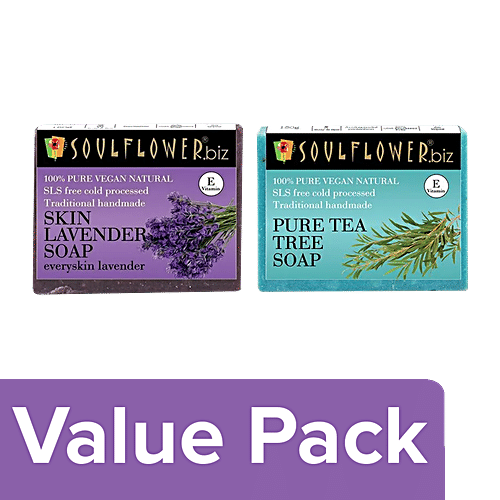 Soulflower Lavender Soap 150 g + Pure Tea Tree Soap 150 g, Combo 2 Items 