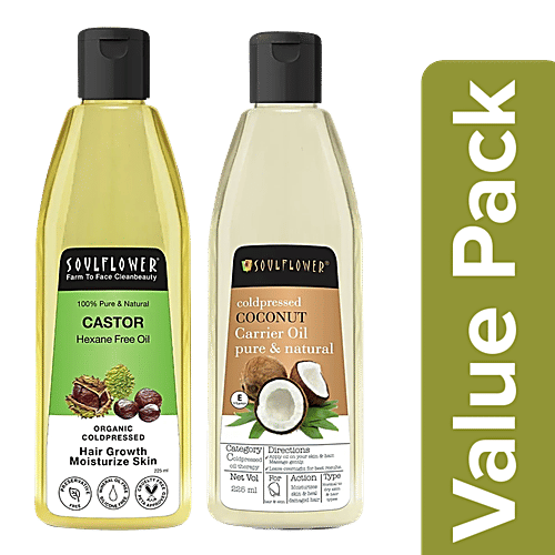 Soulflower Cold Pressed Castor Oil 225 ml + Cold Pressed Virgin Coconut Oil 225 ml, Combo 2 Items 