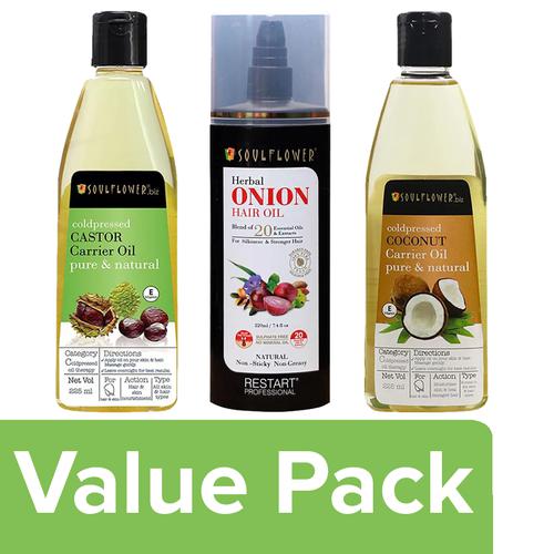 Buy Soulflower Cold Pressed Castor Oil 225ml + Onion Hair Oil 220ml +  Virgin Coconut Oil 225ml Online at Best Price of Rs 1350 - bigbasket