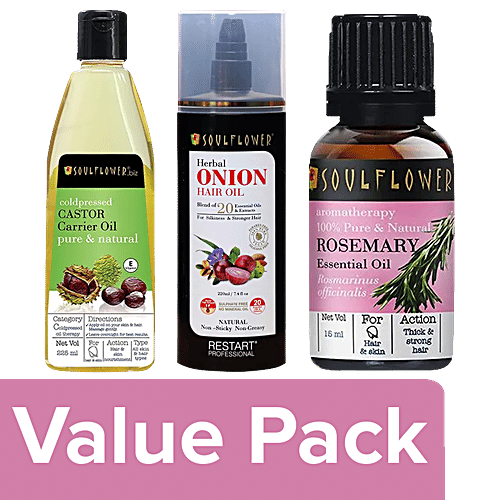 Buy Soulflower Cold Pressed Castor Oil 225ml +Onion Hair Oil 220ml +Rosemary Essential Oil 15ml