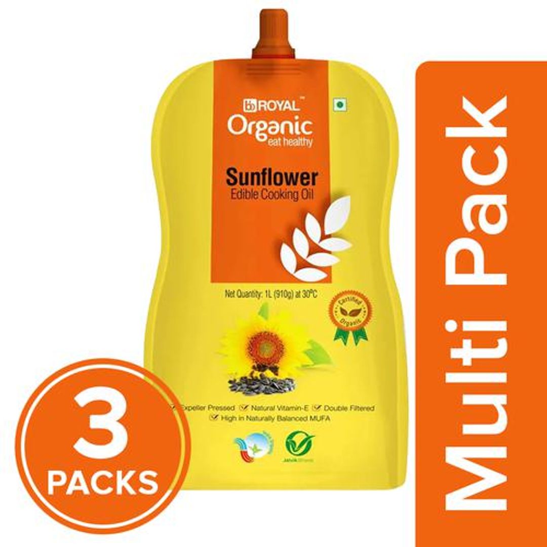 BB Royal Organic Cold Pressed Sunflower Cooking Oil - Cooks Indian Dishes, 3x1L Multipack