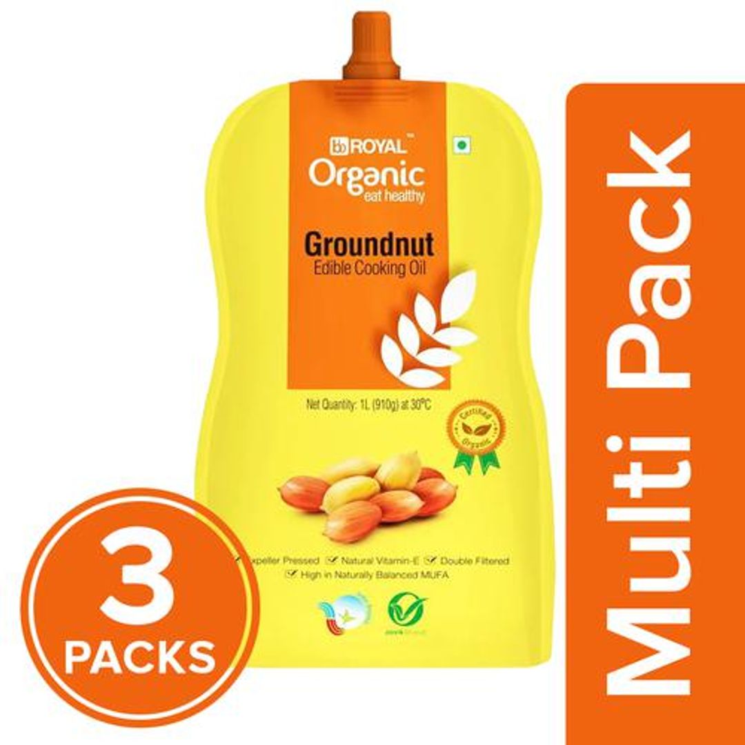 BB Royal Organic Cold Pressed Groundnut Cooking Oil - Cooks Indian Dishes, 3x1L Multipack