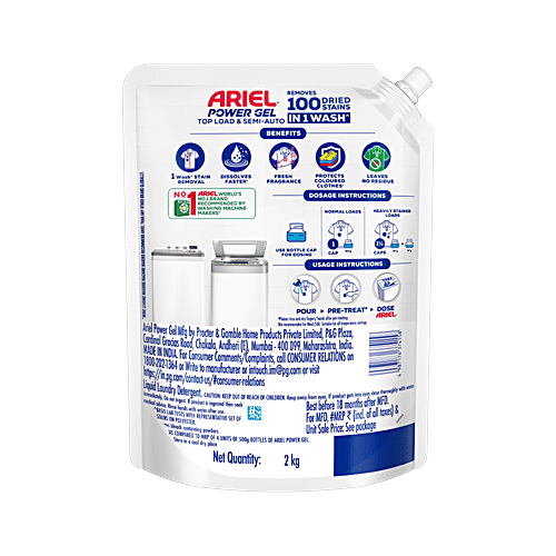 Ariel Power Gel Top Load & Semi Auto Liquid Detergent, 2x2 kg (Multipack) Removes 100 Stains in 1 Wash