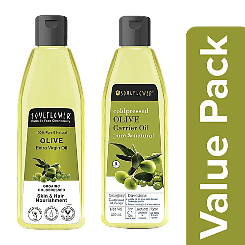 Soulflower Cold Pressed Olive Oil,225ml + Cold Pressed Olive Oil, 120ml, Combo 2 Items