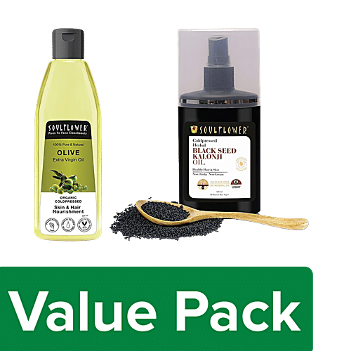 Soulflower Cold Pressed Olive Oil, 225 ml + Herbal Black Seed Kalonji Oil, 120 ml, Combo 2 Items 