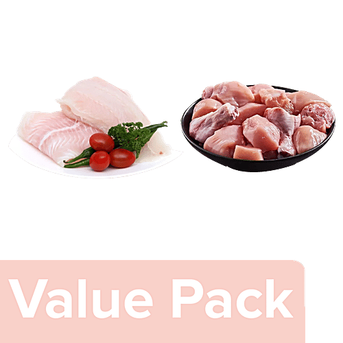 fresho! Chicken Curry Cut Without Skin 450g + Basa Fish Fillet 450g, Combo 2 Items 
