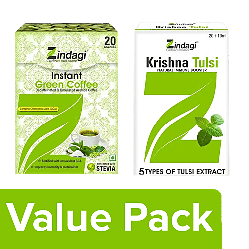 Zindagi Instant Green Coffee With Lemon 20 Sachets + Krishna Tulsi Drops 20ml(10ml Free), Combo 2 Items 