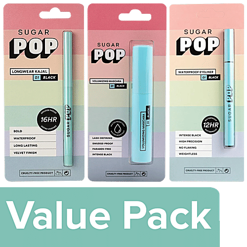 Sugar Pop Longwear Kajal Black + Volumizing Mascara + Waterproof Eyeliner Black, Combo 3 Items 