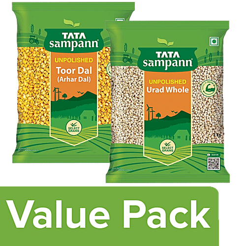 Tata Sampann Toor Dal/Arhar Dal - Rich In Protein + Unpolished Urad Dal - Whole 1 Kg, Combo 2 Items