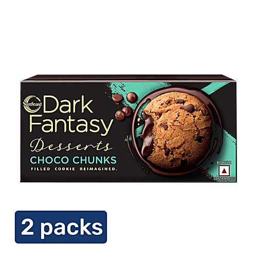 Sunfeast Dark Fantasy Choco Chunks - Choco Chip & Molten Choco Crème Filled Cookie, 2 x 75 g Multipack 