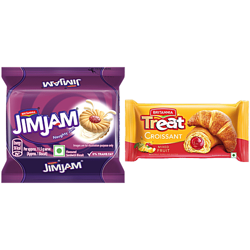 Britannia Treat JimJam Cream Biscuits 150 g + Treat Croissant - Mixed Fruit, Veg 47 g, Combo 2 Items 