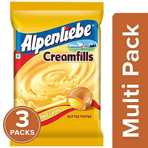 Alpenliebe Creamfills Butter Toffee Centre Filled Candy, 3x140 g (Multipack) Crunchy Outside & Creamy Inside