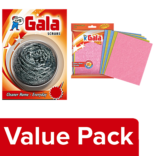 Gala Scrubber - Scrubs Cleaner Home Everyday, 1 pc + Scrubber - Sponge Wipes, 5 pcs, Combo 2 Items