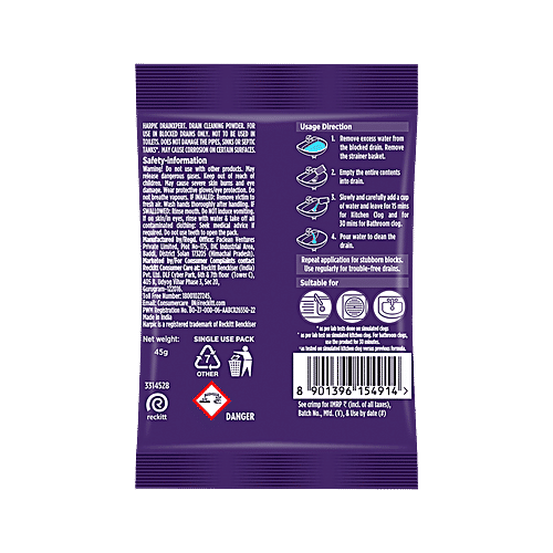 Harpic Drain Xpert Cleaning Powder, 2 x 45 g (Multipack) Removes Blockages In 15 Mins, For Washbasins/Sinks/Bathrooms