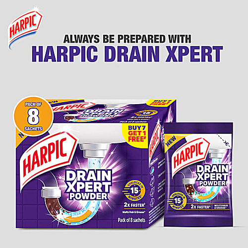 Harpic Drain Xpert Cleaning Powder, 2 x 45 g (Multipack) Removes Blockages In 15 Mins, For Washbasins/Sinks/Bathrooms