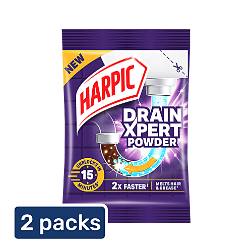 Harpic Drain Xpert Cleaning Powder, 2 x 45 g (Multipack) Removes Blockages In 15 Mins, For Washbasins/Sinks/Bathrooms