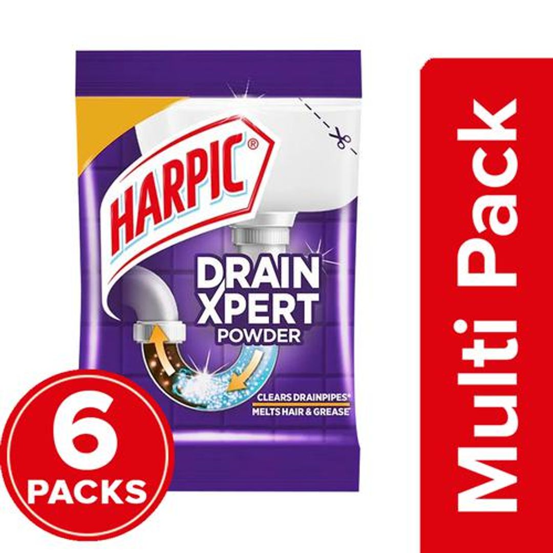 Harpic Drain Xpert Drain Cleaning Powder - For Washbasins, Sinks, Bathrooms, 6 x 50 g Multipack