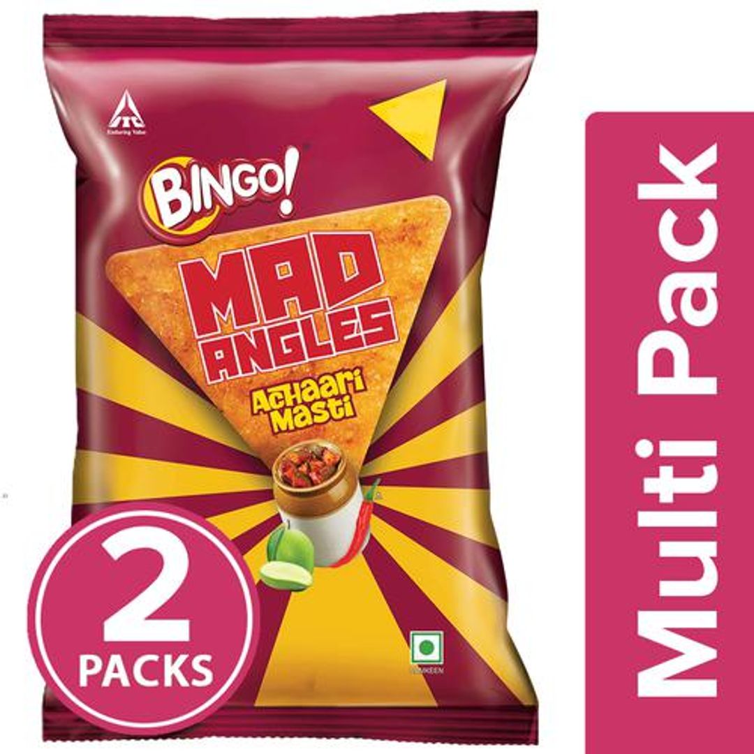 Bingo Mad Angles Achaari Masti - Mango Pickle Flavour Crunchy Triangle Chips Pack, 2x117 g Multipack