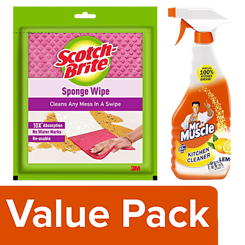 Buy bb Combo Mr Muscle Kitchen Cleaner, Lemon 450 ml + Scotch Brite Sponge Wipe, 1 pc Online at