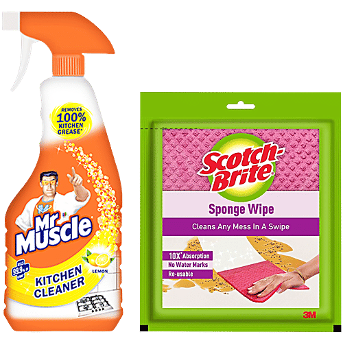 bb Combo Mr Muscle Kitchen Cleaner, Lemon 450 ml + Scotch Brite Sponge Wipe, 1 pc, Combo 2 Items