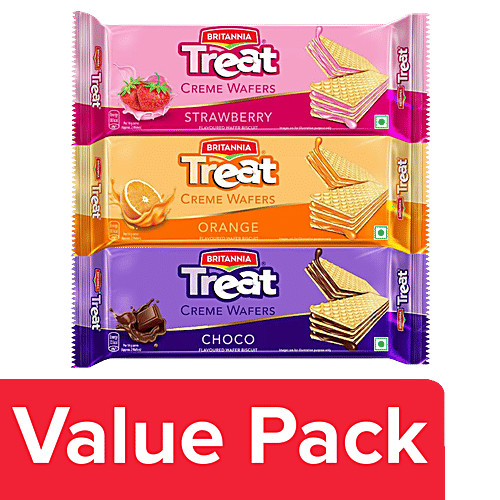 Buy Britannia Treat Wafers Orange + Strawberry + Chocolate, 55g Online at Best Price of Rs 75