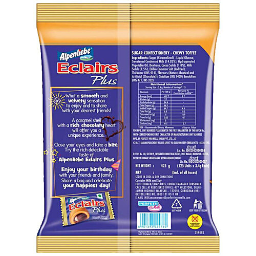 Buy ALPENLIEBE Eclairs Plus Birthday Pack Rich Choco Center, Caramel Chewy Toffee Online at