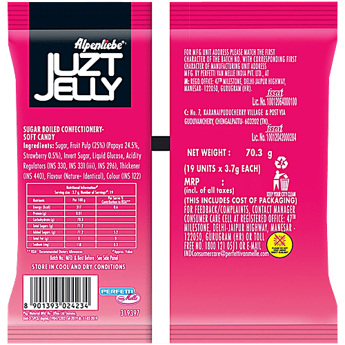 Alpenliebe Juzt Jelly Candies - With 25% Fruit Pulp, Soft, Juicy, Strawberry Flavour, 2x70.3 g 19 pcs (Multipack) 