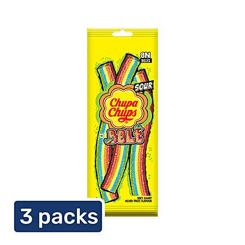 Chupa Chups Sour Belt Mixed Fruit Flavour Soft & Chewy Toffee, 3x57.6 g Multipack (8 pcs) 