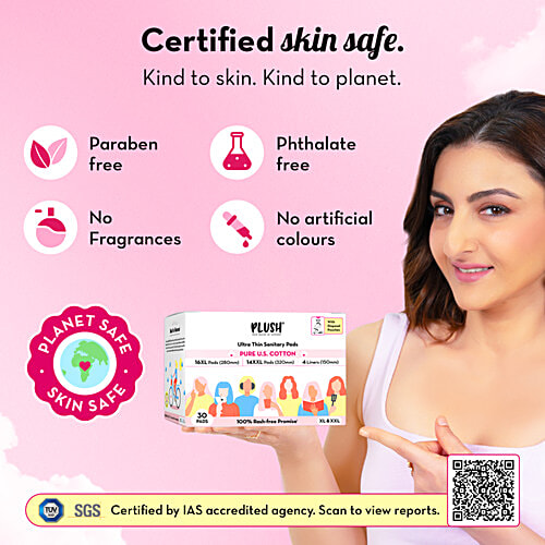 Plush Sanitary Pads With Disposable Pouches & 4 Panty Liners - L & XL, 2x30 pcs (Multipack) 100% US Cotton, Rash-Free