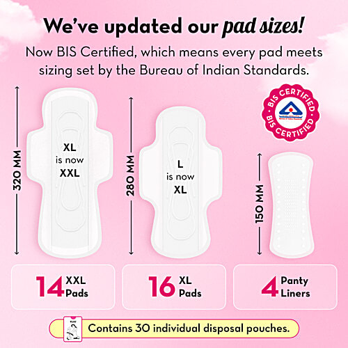 Plush Sanitary Pads With Disposable Pouches & 4 Panty Liners - L & XL, 2x30 pcs (Multipack) 100% US Cotton, Rash-Free