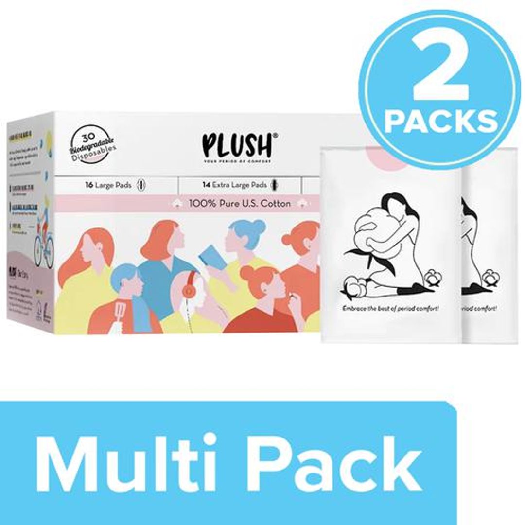 Plush Sanitary Pad - With Disposable Pouches & Panty Liners, 100% Pure Cotton, L, XL, 2 x 30 pcs (Multipack)