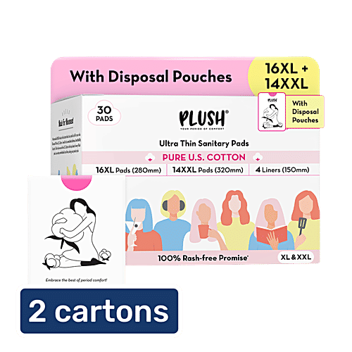 Plush Sanitary Pads With Disposable Pouches & 4 Panty Liners - L & XL, 2x30 pcs (Multipack) 100% US Cotton, Rash-Free