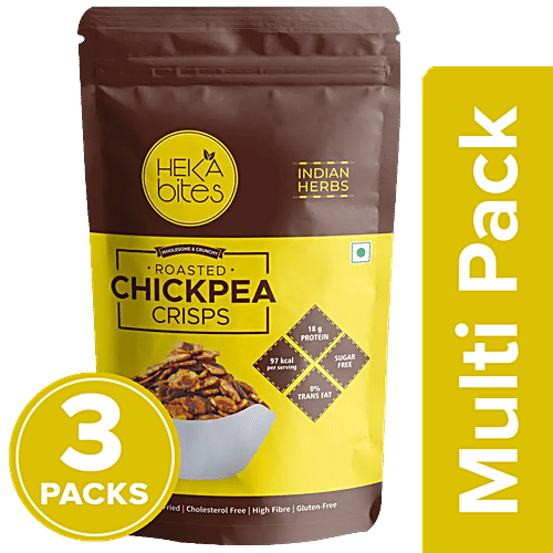 Heka Bites Roasted Chickpea Crisps Indian Herbs - Low Calories, High Protein, Healthy Snack, 3 x 60 g Multipack 
