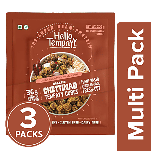 Hello Tempayy Chettinad Soyabean Tempeh Cubes -Rich In Protein, Non-GMO, Makes Curries & Rolls, 3x200 g Multipack